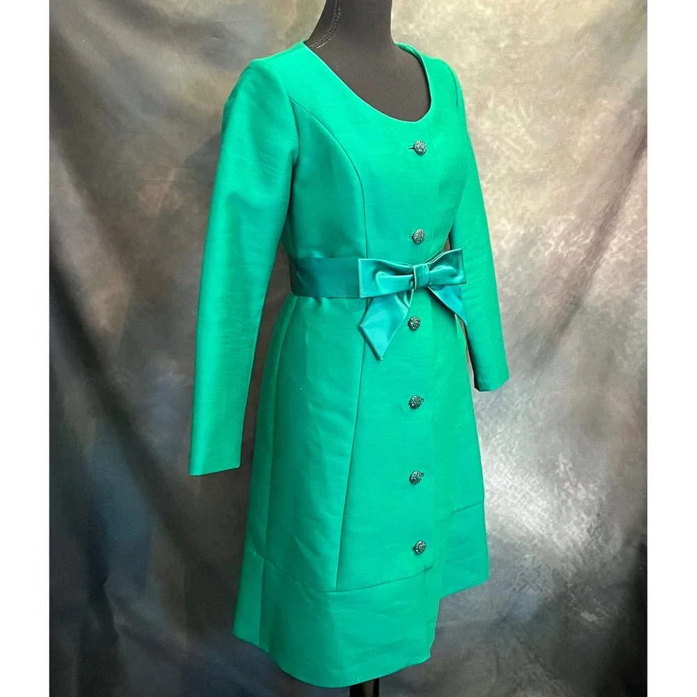 Vintage 1959–62 Emerald Shantung Cocktail Coat Crystal Buttons & Satin Bow‎ Belt - Picture 5 of 9